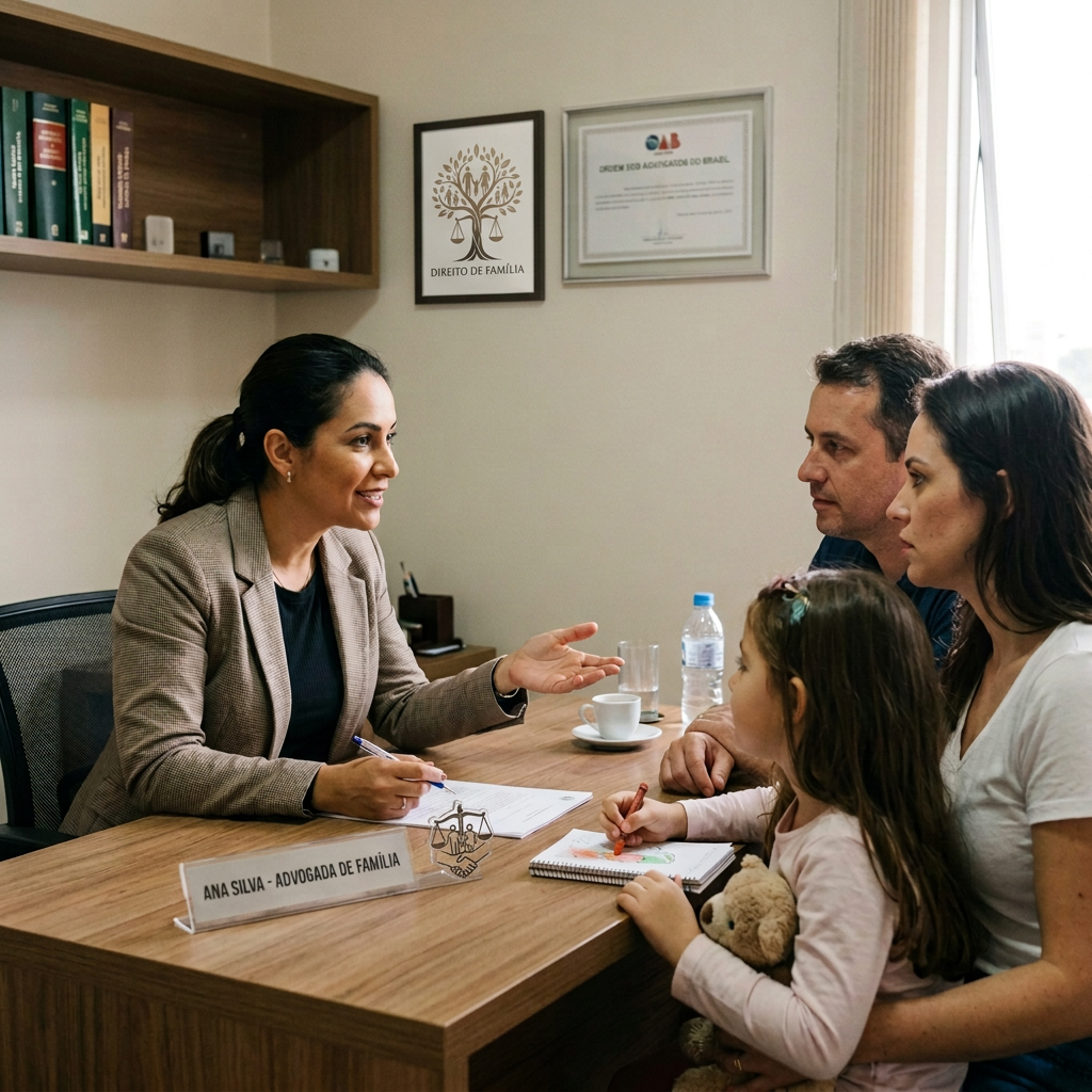 Family meeting attorney Ana Silva at an office table
